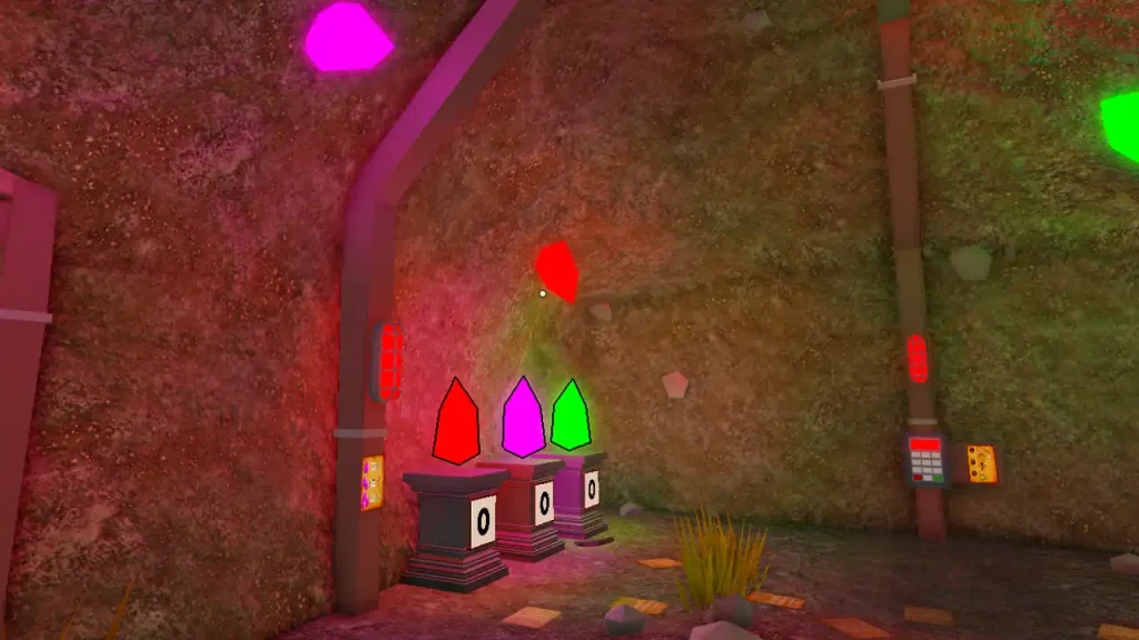 Red, purple and green crystal pedestals with number controls below them.