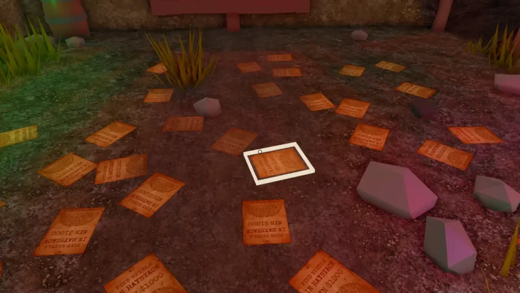 Papers scattered over the puzzle-room floor, with one sheet highlighted.