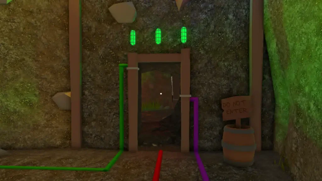 Open puzzle-room doorway with green, red and purple wires and three lamps.