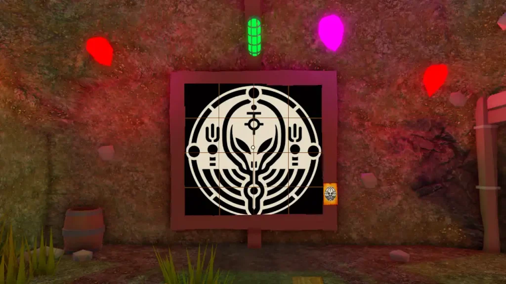 Completed 4 by 4 alien picture with its reference plaque alongside the board.
