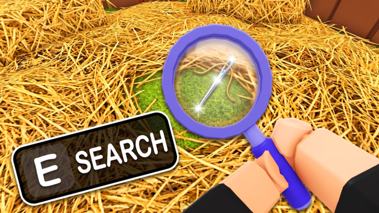 A blocky hand holds a purple magnifying glass over a silver needle surrounded by golden hay.